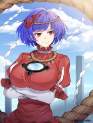 Rule 34 | 1girl, artist name, blue hair, blue sky, breasts, cloud, commentary request, crossed arms, dated, day, large breasts, leaf, long sleeves, looking to the side, mirror, mitama mudimudi, pillar, puffy short sleeves, puffy sleeves, red eyes, red shirt, rope, shide, shimenawa, shirt, short hair, short sleeves, signature, sky, smile, solo, touhou, upper body, v-shaped eyebrows, yasaka kanako