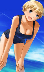 Rule 34 | blonde hair, blue eyes, blush, brave witches, breasts, cleavage, highres, hiroshi (hunter-of-kct), large breasts, looking at viewer, nikka edvardine katajainen, ocean, open mouth, school swimsuit, sky, smile, solo, strike witches, swimsuit, world witches series
