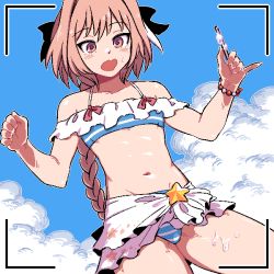 Rule 34 | 1boy, androgynous, astolfo (fate), astolfo (sparkling frills) (fate), bare shoulders, bikini, black bow, blush, bow, bracelet, braid, braided ponytail, crossdressing, fang, fate (series), food, hair bow, ice cream, jewelry, kingbawoon, long hair, male focus, melting, multicolored hair, navel, off-shoulder bikini, off shoulder, open mouth, pink hair, skin fang, solo, streaked hair, striped bikini, striped clothes, swimsuit, trap, very long hair, white hair