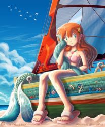Rule 34 | 1girl, beach, bikini, blastoise, blue eyes, boat, creatures (company), day, earrings, fins, fish tail, game freak, gen 1 pokemon, gen 2 pokemon, gen 3 pokemon, glitcher, gyarados, hair ornament, jewelry, lapras, long hair, luvdisc, marill, md5 mismatch, milotic, misty (pokemon), necklace, nintendo, ocean, octillery, orange hair, pokemon, pokemon (creature), resized, sailboat, sandals, signature, source request, starmie, staryu, swimsuit, tail, towel, water, watercraft, wet, wingull