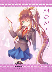 Rule 34 | 1girl, black thighhighs, bow, breasts, cleavage, doki doki literature club, green eyes, hair bow, highres, long hair, looking at viewer, medium breasts, monika (doki doki literature club), ponytail, school uniform, smile, solo, thighhighs, white bow, z.o.b