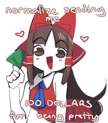 Rule 34 | 1girl, ascot, banknote, bow, brown eyes, brown hair, collar, detached sleeves, english text, hair bow, hair tubes, hakurei reimu, happy, heart, japanese clothes, long hair, looking at viewer, meme, miko, minimalism, money, necktie, open mouth, organsoup, red bow, red shirt, red skirt, ribbon-trimmed sleeves, ribbon trim, shirt, sidelocks, simple background, skirt, sleeveless, smile, solo, touhou, white background, white collar