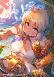 Rule 34 | 1girl, ahoge, artoria pendragon (all), artoria pendragon (fate), artoria pendragon (swimsuit archer) (first ascension) (fate), bikini, bikini top only, blonde hair, blue sky, blurry, blush, braid, breasts, cherry, chopsticks, cleavage, cloud, corn, corn dog, cup, depth of field, drinking straw, eating, egg, egg yolk, fate/stay night, fate (series), food, fruit, green eyes, hangetsuban sonshou, ikayaki, looking at viewer, noodles, pixiv fate/grand order contest 2, plate, saber (fate), sky, solo, squid, swimsuit, upper body, wind chime