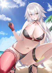 Rule 34 | 1girl, absurdres, ahoge, beach, belt, bikini, black bikini, black gloves, blue sky, breasts, cleavage, commentary request, fate/grand order, fate (series), flame print, gloves, hair between eyes, halterneck, highres, jeanne d&#039;arc alter (fate), jeanne d&#039;arc alter (swimsuit berserker) (fate), kurozawa yui, large breasts, long hair, looking at viewer, nail polish, navel, o-ring, o-ring bikini, ocean, open mouth, outdoors, red nails, red thighhighs, signature, single thighhigh, sky, solo, squatting, sun, swimsuit, thigh belt, thigh strap, thighhighs, toenail polish, toenails, very long hair, yellow eyes