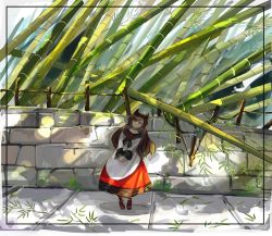 Rule 34 | 1girl, animal ears, bamboo, brick wall, brown hair, chamaruk, dress, full body, imaizumi kagerou, leaning to the side, long hair, long sleeves, outdoors, own hands together, red dress, solo, standing, v arms, white dress, wolf ears