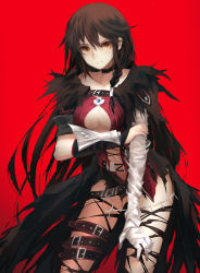 Rule 34 | 1girl, asymmetrical clothes, bandaged arm, bandages, belt, black hair, black neckwear, braid, breasts, brown eyes, cape, choker, collarbone, gluteal fold, highres, leaning forward, long hair, red background, revision, shorts, simple background, solo, tales of (series), tales of berseria, torn clothes, underboob, vambraces, velvet crowe, zen33n