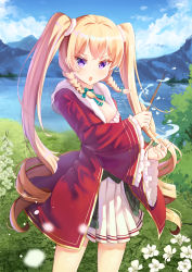Rule 34 | 1girl, absurdres, blonde hair, blue sky, blush, bow, braid, cloud, cloudy sky, commentary request, copyright request, day, flower, frilled sleeves, frills, grass, green bow, hair bow, highres, holding, holding wand, holmemee, hood, hood down, hooded robe, lake, long hair, long sleeves, mountain, open clothes, open mouth, open robe, outdoors, pleated skirt, purple eyes, red robe, ringlets, robe, skirt, sky, solo, standing, teeth, twin braids, twintails, upper teeth only, v-shaped eyebrows, very long hair, wand, water, white flower, white skirt, wide sleeves