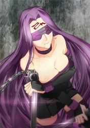 Rule 34 | 1girl, bare shoulders, black dress, blindfold, breast press, breasts, chain, choker, cleavage, dagger, detached sleeves, dress, dual wielding, facial mark, fate/stay night, fate (series), female focus, forehead mark, highres, holding, knife, large breasts, legs, long hair, medusa (fate), medusa (rider) (fate), nameless dagger (fate), purple hair, short dress, solo, strapless, strapless dress, thighhighs, very long hair, weapon, ycco (estrella)