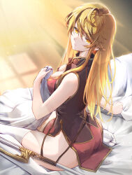 1girl ass bed_sheet blonde_hair bloom breasts clear_glass_(mildmild1311) cleavage dress fire_emblem fire_emblem:_genealogy_of_the_holy_war highres lachesis_(fire_emblem) long_hair looking_to_the_side medium_breasts nintendo pink_dress sheath sheet_grab short_dress sleeveless solo sunlight thighhighs thighs white_thighhighs window yellow_eyes zettai_ryouiki