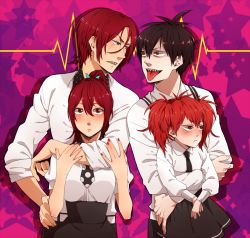 Rule 34 | 10s, 2boys, 2girls, black hair, blood lad, blush, brother and sister, crossover, free!, hand on own hip, hug, hug from behind, matsuoka gou, matsuoka rin, multiple boys, multiple girls, nail polish, necktie, ponytail, pout, red eyes, red hair, sharp teeth, shirt, siblings, skirt, teeth, tongue, tongue out, twintails, vlad charlie staz, vlad t. liz, white shirt