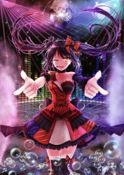 Rule 34 | 1girl, :d, asymmetrical sleeves, black legwear, boots, bow, breasts, bubble, choker, cleavage, clock eyes, collarbone, cowboy shot, cross-laced footwear, date a live, detached sleeves, disco ball, dress, frilled choker, frilled dress, frilled sleeves, frills, hair bow, highres, idol, lace-up boots, laser, lens flare, long hair, looking at viewer, microphone, nail polish, one eye closed, open mouth, outstretched arms, pleated dress, pointing, pointing at viewer, red dress, smile, smoke, solo, stage lights, symbol-shaped pupils, tokisaki kurumi, tsubasaki, twintails, uneven sleeves, yellow eyes