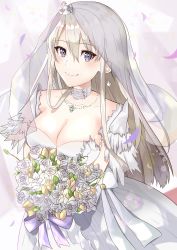 Rule 34 | 1girl, absurdres, azur lane, bald eagle, bird, blush, bouquet, breasts, bridal veil, cleavage, collarbone, commentary request, crown, dress, eagle, enterprise (azur lane), enterprise (starlight oath) (azur lane), flower, highres, holding, holding bouquet, jewelry, large breasts, long dress, long hair, looking at viewer, mini crown, necklace, official alternate costume, purple eyes, rose, sakuramochi (kasute ra), smile, solo, veil, wedding dress, white dress, white flower, white hair, white rose