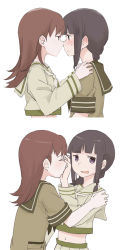 Rule 34 | 10s, 2girls, 2koma, black eyes, black hair, blunt bangs, blush, braid, brown hair, chocotto715, comic, hand on another&#039;s face, hands on another&#039;s shoulders, highres, kantai collection, kitakami (kancolle), long hair, midriff, multiple girls, noses touching, ooi (kancolle), silent comic, simple background, single braid, white background, yuri