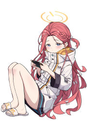 Rule 34 | 1girl, absurdres, blue archive, blue eyes, blush, bow, braid, closed mouth, commentary, forehead, hair bow, halo, highres, holding, jacket, knees up, long sleeves, looking at viewer, nintendo switch, power symbol, red hair, sandals, simple background, sitting, slippers, solo, sweat, tamago (eva1314056), white background, white bow, white footwear, white jacket, yuzu (blue archive)