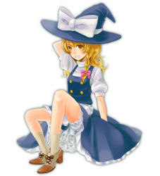 Rule 34 | 1girl, arm up, blonde hair, blue hat, blue skirt, bow, braid, brown footwear, full body, grimace, hair bow, hat, hat bow, high heels, kirisame marisa, long hair, mad39, multiple girls, navy blue hat, parted lips, pink bow, short sleeves, single braid, sitting, skirt, socks, solo, touhou, white bow, witch hat, yellow eyes
