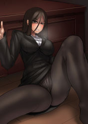 Rule 34 | 1girl, ass, ayakumo, black jacket, black pantyhose, blazer, blouse, breasts, breath, clenched teeth, girl on top, highres, indoors, jacket, large breasts, long hair, looking at viewer, open mouth, original, panties, panties under pantyhose, pantyhose, pencil skirt, shirt, sitting, skirt, solo, spread legs, straight hair, teeth, thighs, underwear, white shirt, wooden floor