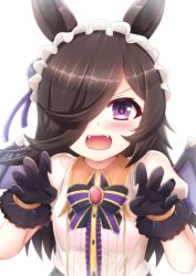 Rule 34 | 1girl, black bow, black bowtie, black gloves, blush, bow, bowtie, claw pose, fangs, gloves, hair over one eye, halloween, highres, horse girl, kane-neko, long hair, looking at viewer, official alternate costume, open mouth, purple eyes, rice shower (make up vampire!) (umamusume), rice shower (umamusume), simple background, solo, straight-on, umamusume, upper body, v-shaped eyebrows, wavy mouth, white background, white headdress, wings