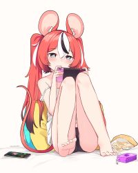 Rule 34 | 1girl, absurdres, animal ears, bag of chips, black hair, blue eyes, blush, cellphone, chips (food), collar, drinking straw, feet, food, hair ornament, hakos baelz, highres, hololive, hololive english, irys (hololive), juice box, long hair, mouse ears, mouse girl, mouse tail, multicolored hair, namiorii, nintendo switch, phone, pillow, red hair, simple background, sitting, smartphone, solo, spikes, streaked hair, tail, toes, twintails, underwear, underwear only, virtual youtuber, white background, white hair
