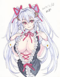 Rule 34 | 1girl, breasts, cleavage, dated, demon maid (houtengeki), hair intakes, hair ribbon, horns, houtengeki, large breasts, long hair, original, red eyes, red hair, ribbon, silver hair, simple background, smile, solo, traditional media, twintails, wrist cuffs