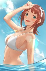 Rule 34 | :d, absurdres, amami haruka, arm up, bare arms, bare shoulders, bikini, blue sky, blush, breasts, brown hair, cleavage, cloud, commission, day, fingernails, from side, glint, greyscale, hair ribbon, highres, idolmaster, idolmaster (classic), jewelry, lens flare, long fingernails, looking at viewer, looking to the side, medium breasts, monochrome, nail polish, navel, necklace, open mouth, outdoors, pixiv commission, red nails, renzu (lens 02), ribbon, short hair, sky, smile, solo, stomach, swimsuit, teeth, upper body, upper teeth only, water, white bikini, white ribbon