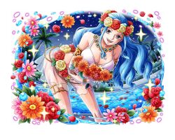 Rule 34 | 1girl, bent over, blue hair, flower, hair flower, hair ornament, head wreath, long hair, looking at viewer, nefertari vivi, official art, one piece, one piece treasure cruise, open mouth, orange flower, palm tree, pink flower, red flower, solo, solo focus, teeth, tree, water