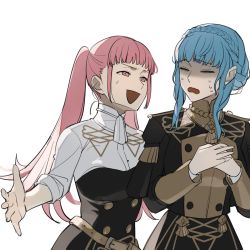 Rule 34 | 2girls, belt, black dress, black skirt, blue hair, blunt bangs, braid, breasts, brown belt, buttons, closed eyes, cowboy shot, crown braid, double-breasted, dress, female focus, fire emblem, fire emblem: three houses, furrowed brow, garreg mach monastery uniform, gold trim, high-waist skirt, highres, hilda valentine goneril, light blue hair, long hair, long sleeves, looking at another, marianne von edmund, matching hair/eyes, medium breasts, medium hair, multiple girls, neckerchief, nintendo, open mouth, outstretched arms, own hands together, pink eyes, pink hair, shaded face, shirt, shirt tucked in, shishima eichi, sidelocks, simple background, skirt, sweat, sweatdrop, nervous sweating, twintails, wavy mouth, white background, white neckerchief, white shirt
