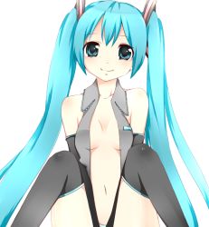 Rule 34 | 1girl, aqua eyes, aqua hair, bad id, bad pixiv id, bare shoulders, black thighhighs, breasts, cleavage, detached sleeves, female focus, hatsune miku, head tilt, looking at viewer, navel, open clothes, open shirt, richard, shirt, sitting, small breasts, smile, solo, thighhighs, vocaloid, white background