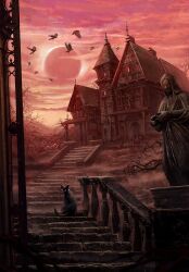 Rule 34 | animal, bird, building, cat, crow, eclipse, game cg, gwent (game), highres, no humans, non-web source, official art, outdoors, red sky, sky, stairs, statue, the witcher (series)