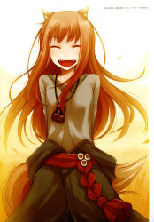 Rule 34 | 1girl, absurdres, animal ears, ayakura juu, brown hair, closed eyes, highres, holo, long hair, official art, open mouth, solo, spice and wolf, tail, wolf ears, wolf tail
