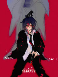 Rule 34 | 2girls, alternate costume, bandaid, bandaid on cheek, bandaid on face, black hair, black jacket, black necktie, black pants, black skin, blood, blood on clothes, blood on face, cerevevisiae, closed mouth, collared shirt, colored skin, commentary request, dual persona, expressionless, feet out of frame, gun, handgun, highres, holding, holding gun, holding weapon, jacket, japanese clothes, kimono, looking at viewer, medium hair, miyako yoshika, miyako yoshika (living), multiple girls, necktie, pants, red eyes, shell casing, shirt, sitting, solo focus, standing, touhou, weapon, white shirt, wide sleeves
