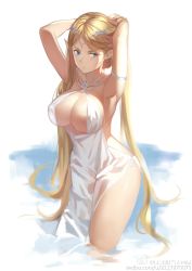 Rule 34 | 1girl, armlet, armpits, arms behind head, arms up, backless dress, backless outfit, blonde hair, blue eyes, breasts, circlet, cleavage, covered erect nipples, criss-cross halter, dress, earrings, halterneck, hands in hair, highres, jewelry, large breasts, long hair, looking away, original, parted bangs, parted lips, pelvic curtain, pointy ears, see-through, side-tie costume, side slit, sleeveless, sleeveless dress, solo, standing, stud earrings, very long hair, wading, watermark, web address, wet, wet clothes, wet dress, white dress, yykuaixian