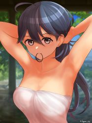 Rule 34 | 1girl, absurdres, ahoge, armpits, arms behind head, arms up, bare shoulders, blue hair, blurry, blurry background, breasts, brown eyes, cleavage, collarbone, dangan kurabu, hair between eyes, highres, kantai collection, long hair, looking at viewer, medium breasts, mouth hold, naked towel, solo, towel, twitter username, tying hair, upper body, ushio (kancolle)