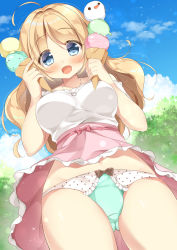 Rule 34 | 1girl, :d, ahoge, blonde hair, blue eyes, bow, bow panties, breasts, day, fang, food, frilled skirt, frills, from below, gau (n00 shi), gluteal fold, heart, heart necklace, highres, holding, ice cream, jewelry, large breasts, looking at viewer, navel, necklace, open mouth, original, outdoors, panties, pantyshot, pink bow, pink ribbon, pink skirt, ribbon, shirt, skirt, sky, smile, solo, standing, thighs, underwear, upskirt, white shirt, wind, wind lift