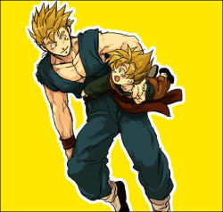 Rule 34 | 2boys, :d, arm around neck, bad id, bad pixiv id, black border, blonde hair, border, brothers, carrying, clothes lift, dougi, dragon ball, dragonball z, green hair, happy, looking at another, lowres, male focus, multiple boys, nitako, open mouth, short hair, siblings, simple background, sleeveless, smile, son gohan, son goten, spiked hair, super saiyan, super saiyan 1, wristband, yellow background