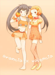 Rule 34 | 2girls, arancia, bare shoulders, barefoot, black hair, character name, feet, flat chest, food, food-themed clothes, fruit, grin, highres, holding, holding food, holding fruit, legs, long hair, midriff, miniskirt, multiple girls, navel, one eye closed, orange (fruit), orange eyes, orange skirt, orange theme, orange thighhighs, original, skirt, smile, thighhighs, twintails, valencia, wink, yuu (plasm)