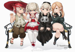Rule 34 | 4girls, annoyed, apron, bare legs, belt, belt pouch, black cloak, black footwear, black socks, blonde hair, blue eyes, brown footwear, brown hair, brown pants, claw pose, cloak, closed mouth, commission, crossed legs, crying, crying with eyes open, dress, final fantasy, final fantasy xiv, frilled dress, frilled wristband, frills, green eyes, green jacket, guippang, hands on own chest, hat, jacket, jingasa, kneehighs, lalafell, light blush, long hair, looking at another, looking at viewer, maid apron, mask, multiple belts, multiple girls, on bench, open mouth, orange hair, own hands together, pants, pantyhose, pouch, puffy short sleeves, puffy sleeves, red dress, red footwear, sandals, short hair, short sleeves, shy, silver mask, simple background, sitting, smile, socks, tears, twintails, unworn mask, warrior of light (ff14), white apron, white pantyhose