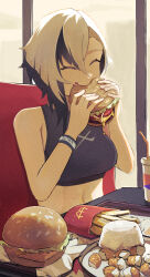 Rule 34 | 1girl, ^ ^, absurdres, arlecchino (genshin impact), bare arms, bare shoulders, black hair, black shirt, burger, closed eyes, commentary, crop top, cup, disposable cup, drinking straw, food, french fries, genshin impact, hands up, highres, holding, holding food, midriff, multicolored hair, shirt, sleeveless, sleeveless shirt, solo, stomach, upper body, wcdonald&#039;s, white hair, yellow glasses (odivichno)