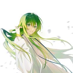 Rule 34 | 1boy, adjusting hair, androgynous, enkidu (fate), fate/grand order, fate (series), green eyes, green hair, grin, hand in own hair, hand up, highres, idass (idass16), long hair, long sleeves, looking ahead, male focus, parted lips, robe, simple background, smile, solo, upper body, white background, white robe, wind