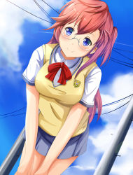 Rule 34 | 10s, 1girl, ano natsu de matteru, bent over, breasts squeezed together, breasts, cloud, contrail, day, glasses, large breasts, lens flare, long hair, ok-ray, pleated skirt, power lines, purple eyes, red hair, skirt, smile, solo, sweater vest, takatsuki ichika