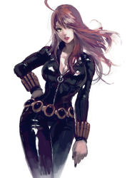 Rule 34 | 1girl, ahoge, animification, avengers (series), bad id, bad pixiv id, black widow, bodysuit, breasts, brown hair, center opening, cleavage, contrapposto, green eyes, hand on own hip, large breasts, latex, latex suit, long hair, marvel, natasha romanoff, red hair, shutsuri, solo, standing, superhero costume, syutsuri0503, thigh gap, white background