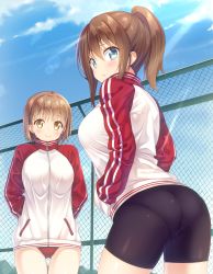 Rule 34 | 2girls, ass, bike shorts, blue eyes, blue sky, blush, breasts, brown hair, buruma, chain-link fence, contrapposto, cowboy shot, day, fence, from behind, gluteal fold, hairband, hands in pockets, highres, jacket, kazuma (kazumav), large breasts, leaning forward, looking back, multiple girls, original, pantylines, ponytail, short hair, sky, smile, standing, sunlight, taut clothes, thigh gap, thighs, track jacket, yellow eyes