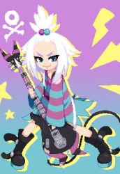 Rule 34 | 1girl, bass guitar, black footwear, blue eyes, boots, commentary, creatures (company), dress, english commentary, full body, game freak, gym leader, hair bobbles, hair ornament, holding, holding instrument, instrument, legs apart, minimilieu, nintendo, open mouth, pixel art, platform boots, platform footwear, pokemon, pokemon bw2, roxie (pokemon), smile, solo, spiked hair, standing, striped clothes, striped dress, teeth, tongue, topknot, two-tone dress, white hair