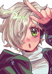 Rule 34 | 1girl, :o, artist request, black jacket, blonde hair, green eyes, hair over one eye, highres, index finger raised, jacket, jumpsuit, numbered, one piece, short hair, simple background, upper body, vegapunk lilith, white background