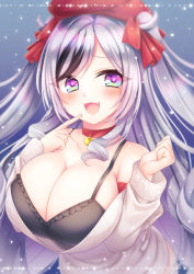 Rule 34 | 1girl, alternate costume, azur lane, bare shoulders, beret, black bra, black hair, blush, bra, breasts, choker, cleavage, elbe (azur lane), fang, finger to mouth, hat, heart, heart-shaped pupils, heart in eye, highres, huge breasts, large breasts, leaning forward, light purple hair, long hair, looking at viewer, multicolored hair, open mouth, oppai loli, purple eyes, red choker, red hat, silver hair, smile, solo, streaked hair, sweater, symbol-shaped pupils, symbol in eye, two-tone hair, underwear, very long hair, white sweater, yomogi (becr)
