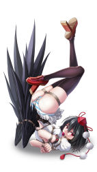 Rule 34 | 1girl, absurdres, arms behind back, ball gag, bdsm, black hair, black wings, bondage, bound, bound arms, bound legs, breasts, crotch rope, gag, gagged, hat, highres, looking at viewer, panties, red eyes, rope, shameimaru aya, shibari, shinebell, short hair, solo, striped clothes, striped panties, thighhighs, tokin hat, touhou, underwear, upside-down, wiffle gag, wings