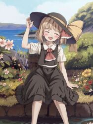 Rule 34 | 1girl, ascot, black hat, black skirt, black vest, blonde hair, blush, closed eyes, collared shirt, day, facing viewer, flower, hat, hat ribbon, highres, kinoniku, open mouth, outdoors, pink flower, red ascot, red flower, ribbon, rumia, shirt, short hair, short sleeves, sitting, skirt, smile, solo, touhou, vest, white shirt, yellow flower, yellow ribbon