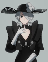 Rule 34 | 1girl, bad id, bad pixiv id, black dress, black eyes, black hat, closed mouth, cogita (pokemon), collarbone, creatures (company), dress, female focus, flat chest, flower, game freak, gloves, grey background, grey flower, grey hair, hair over one eye, hand on own chest, hand up, happy, hat, hat flower, highres, horezai, layered sleeves, long sleeves, looking at viewer, nintendo, old, old woman, one eye covered, pokemon, pokemon legends: arceus, short hair, sidelocks, simple background, smile, solo, standing, straight hair, sun hat, upper body, white gloves
