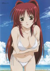 Rule 34 | 00s, 1girl, :d, beach, bikini, blush, breast hold, breast rest, breasts, breasts squeezed together, brown eyes, cleavage, cloud, crossed arms, day, hair intakes, highres, kousaka tamaki, large breasts, leaning forward, long hair, looking at viewer, megami magazine, navel, nishio kouhaku, ocean, official art, open mouth, outdoors, parted bangs, red hair, scan, side-tie bikini bottom, sideboob, sidelocks, sky, smile, solo, standing, string bikini, swimsuit, to heart (series), to heart 2, very long hair, water, white bikini