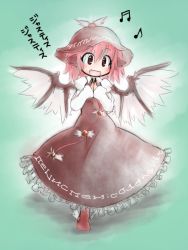 Rule 34 | 1girl, :d, [], animal ears, bad id, bad pixiv id, brown eyes, dress, female focus, green background, happy, hat, music, musical note, mystia lorelei, open mouth, pink hair, quaver, simple background, singing, smile, solo, touhou, translated, wings