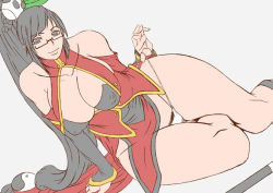 Rule 34 | 1girl, arc system works, blazblue, blazblue: calamity trigger, breasts, female focus, female pubic hair, flat color, glasses, large breasts, litchi faye ling, panties, papepox2, pubic hair, simple background, smile, solo, underwear